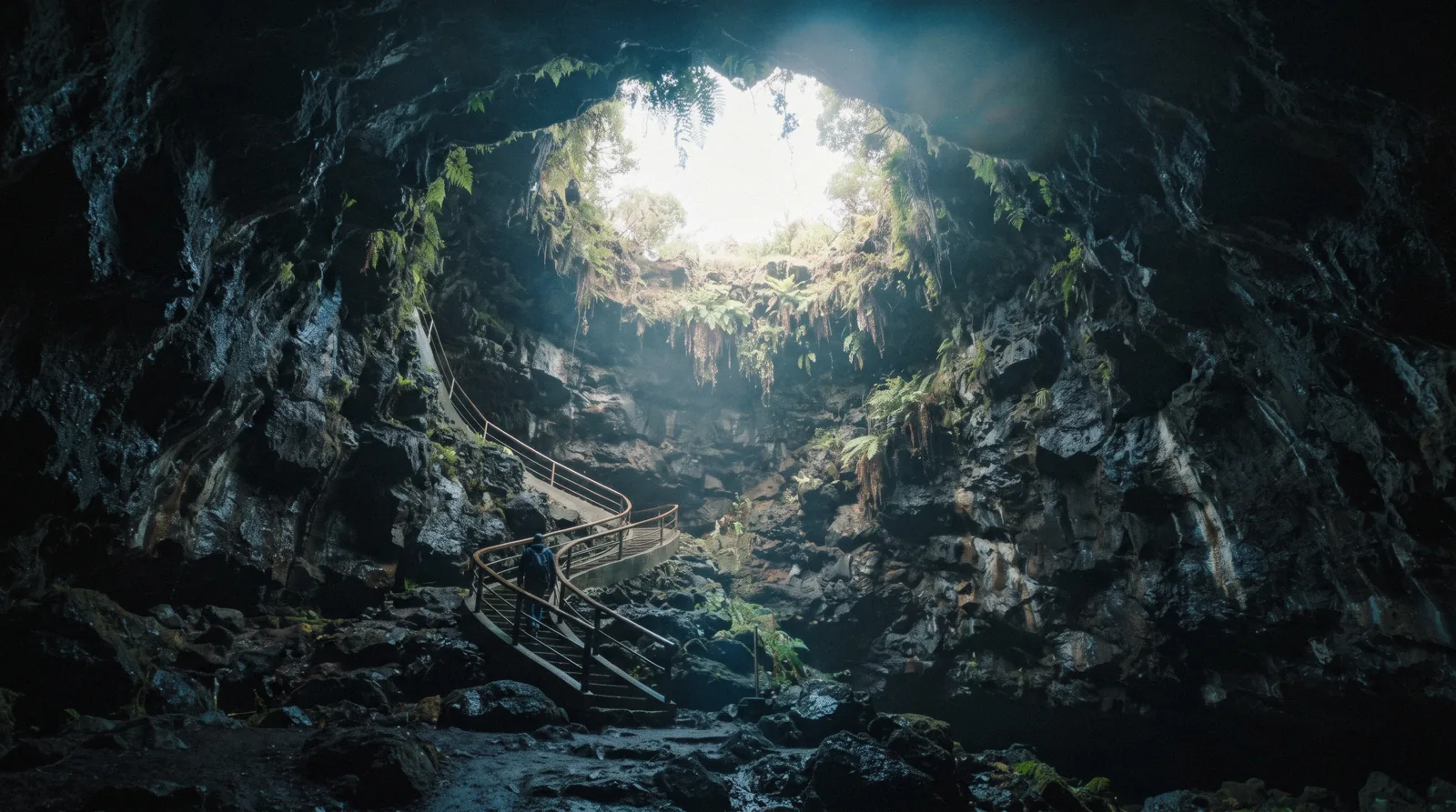 The green plant-covered mouth of the Algar do Carvão volcanic chimney, seen from the footbridge inside the crater