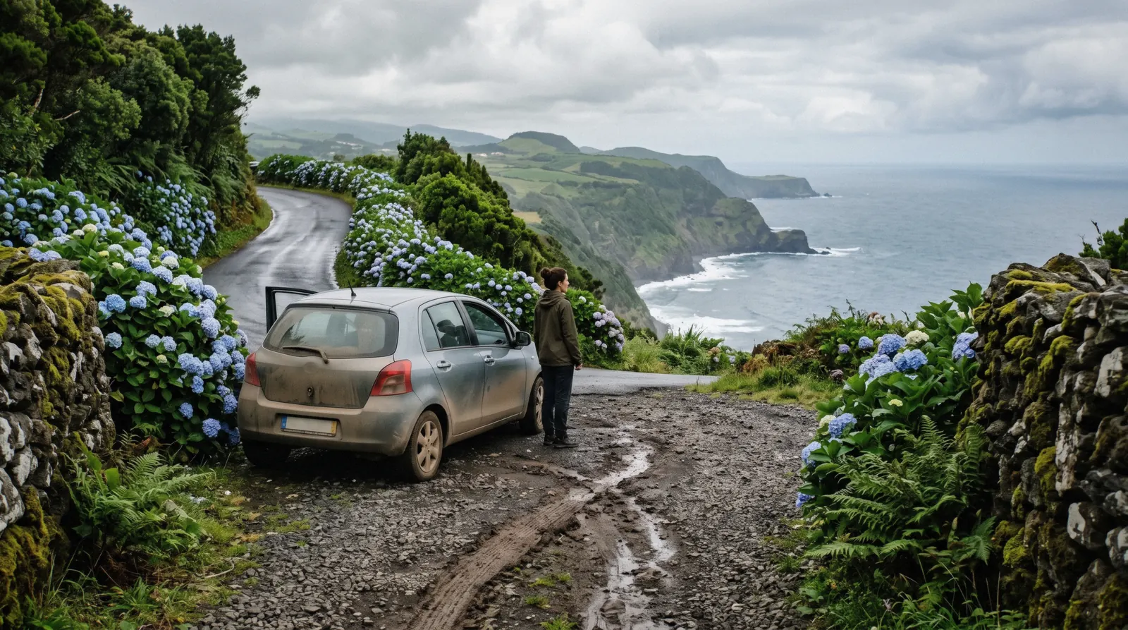 A narrow road winding between hydrangea banks on São Miguel, the kind of lane a rental car meets in the Azores