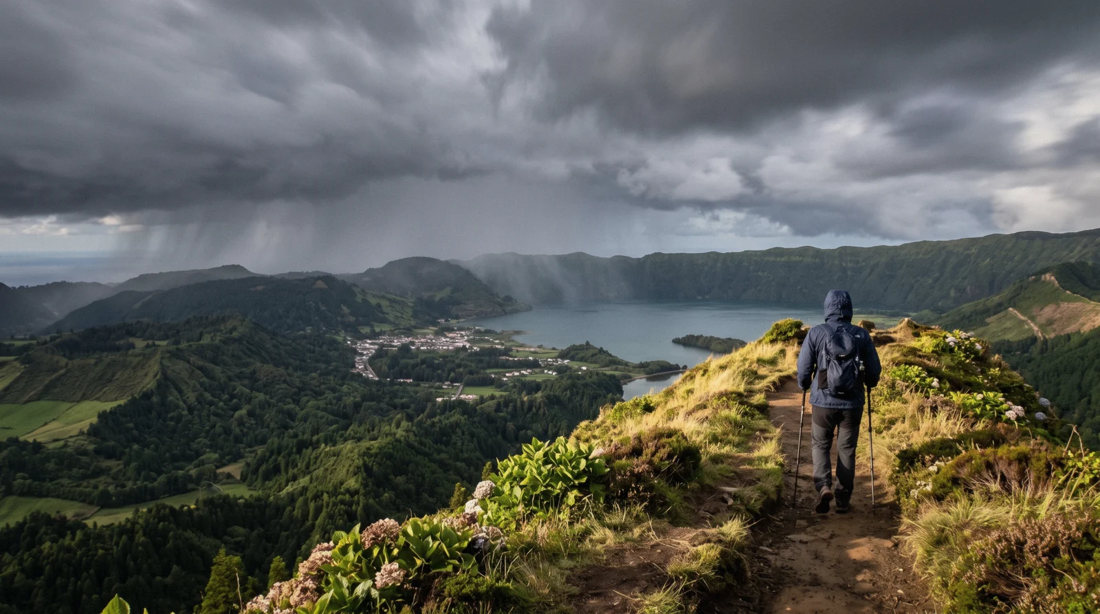 Clouds drifting over the Sete Cidades crater lake on São Miguel, the four-seasons-in-a-day pattern the Azores weather is known for