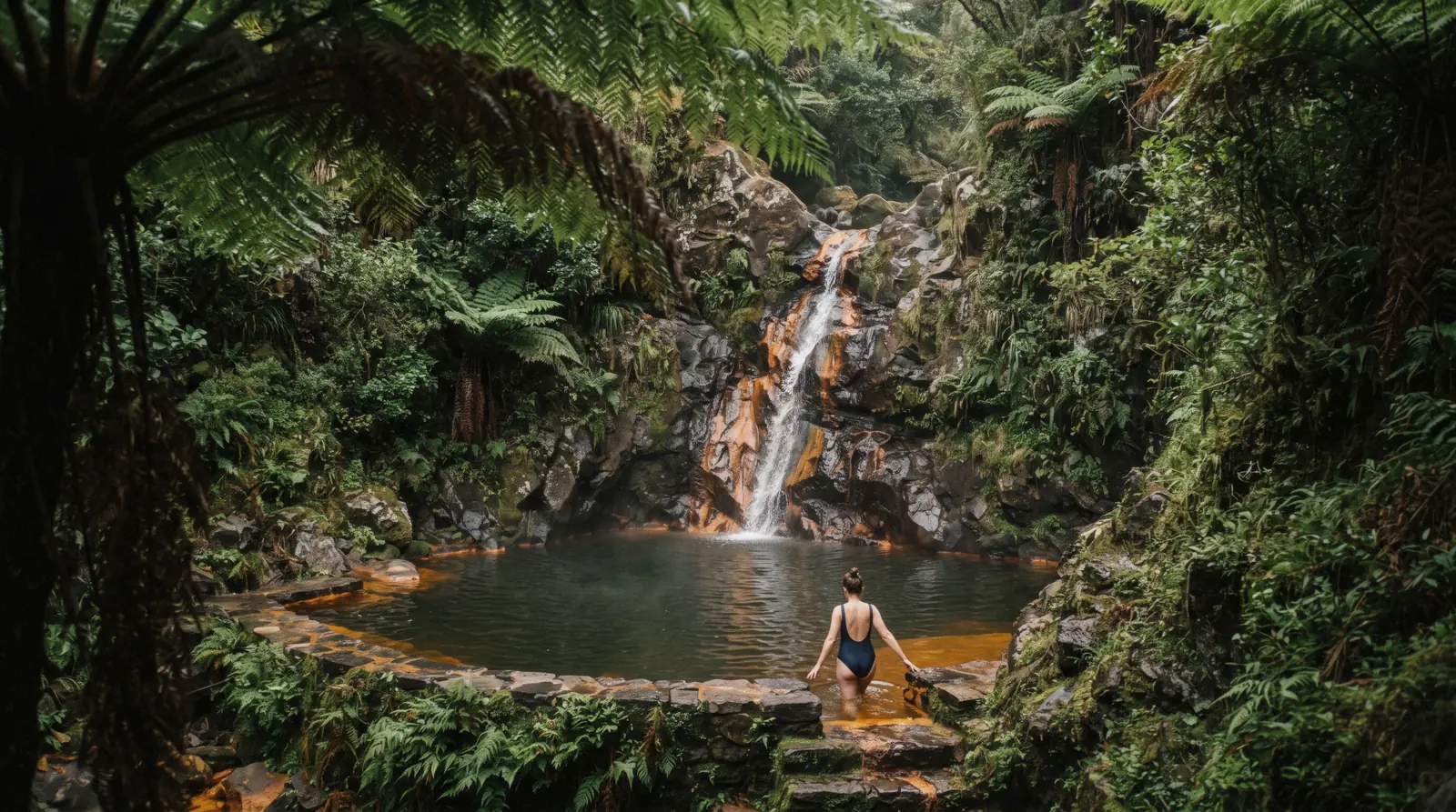 The iron-stained waterfall and thermal bathing pool of Caldeira Velha near Ribeira Grande, São Miguel