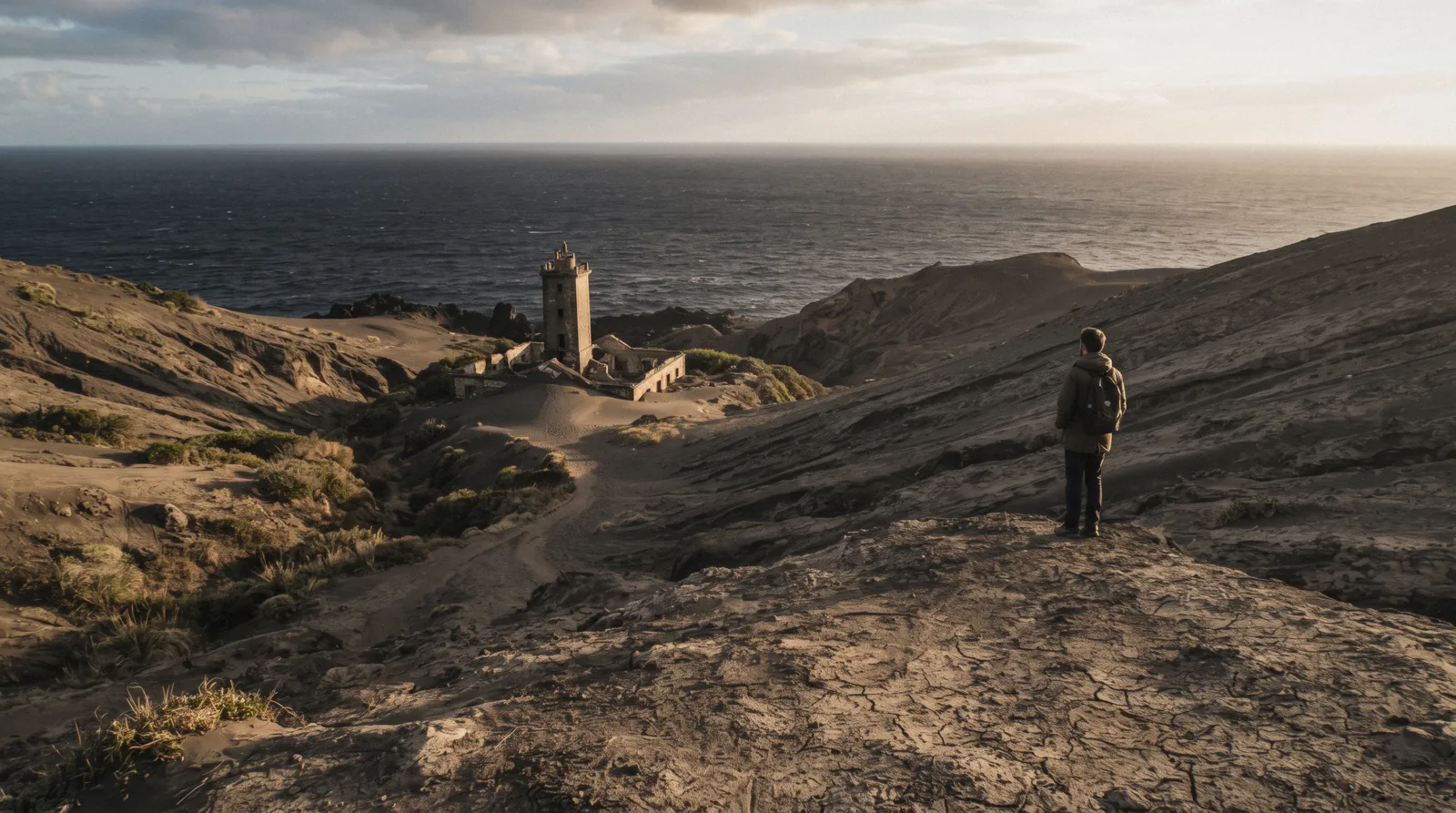 The ash terrain and half buried lighthouse of the Capelinhos volcano on Faial island in the Azores