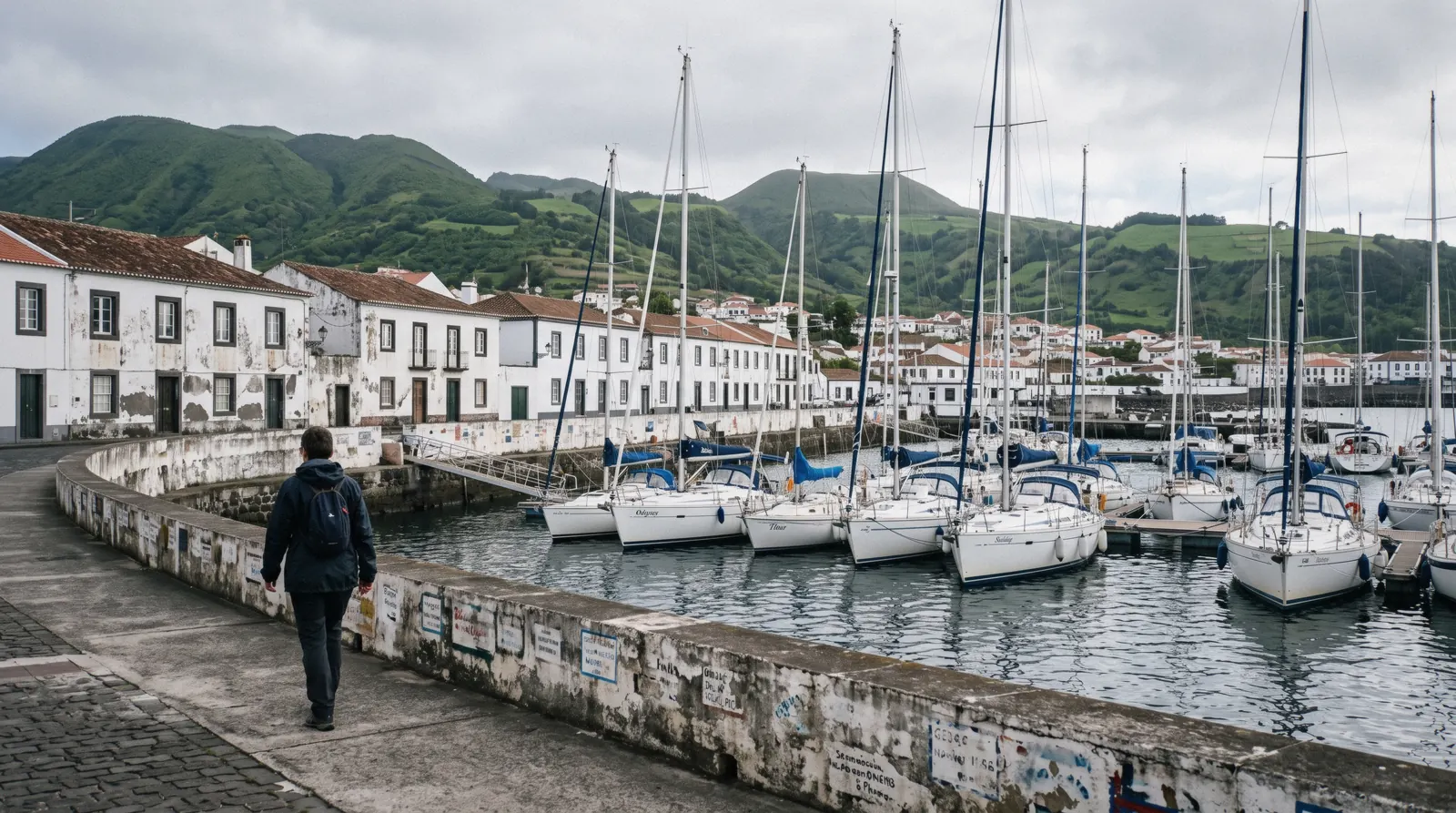 The marina at Horta on Faial with Pico mountain rising across the channel