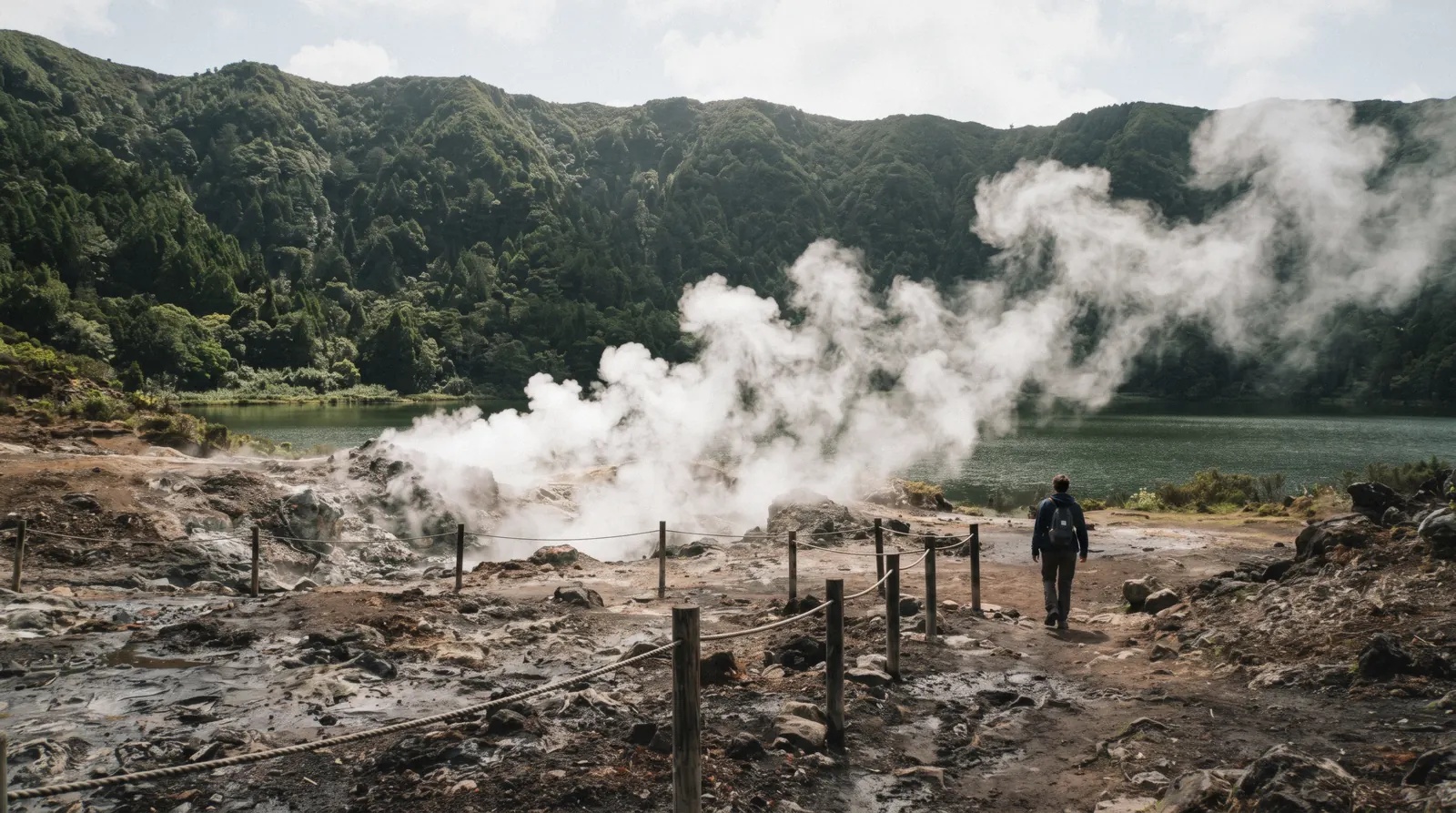 Steam rising from the geothermal caldeiras beside the lake at Furnas on a cool green morning