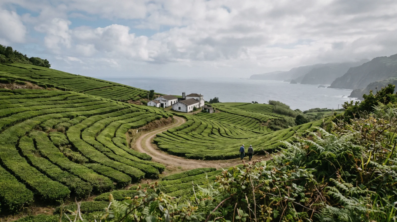 Terraced tea fields running down to the north coast at the Gorreana plantation on São Miguel, with the factory buildings among the green rows