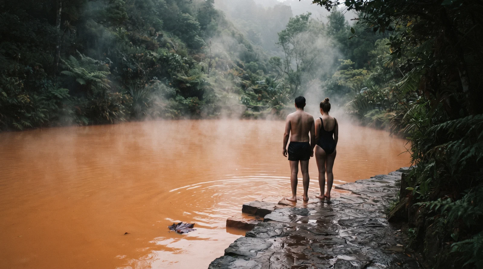 Steam rising off an orange iron-rich thermal pool surrounded by dark green planting at dusk