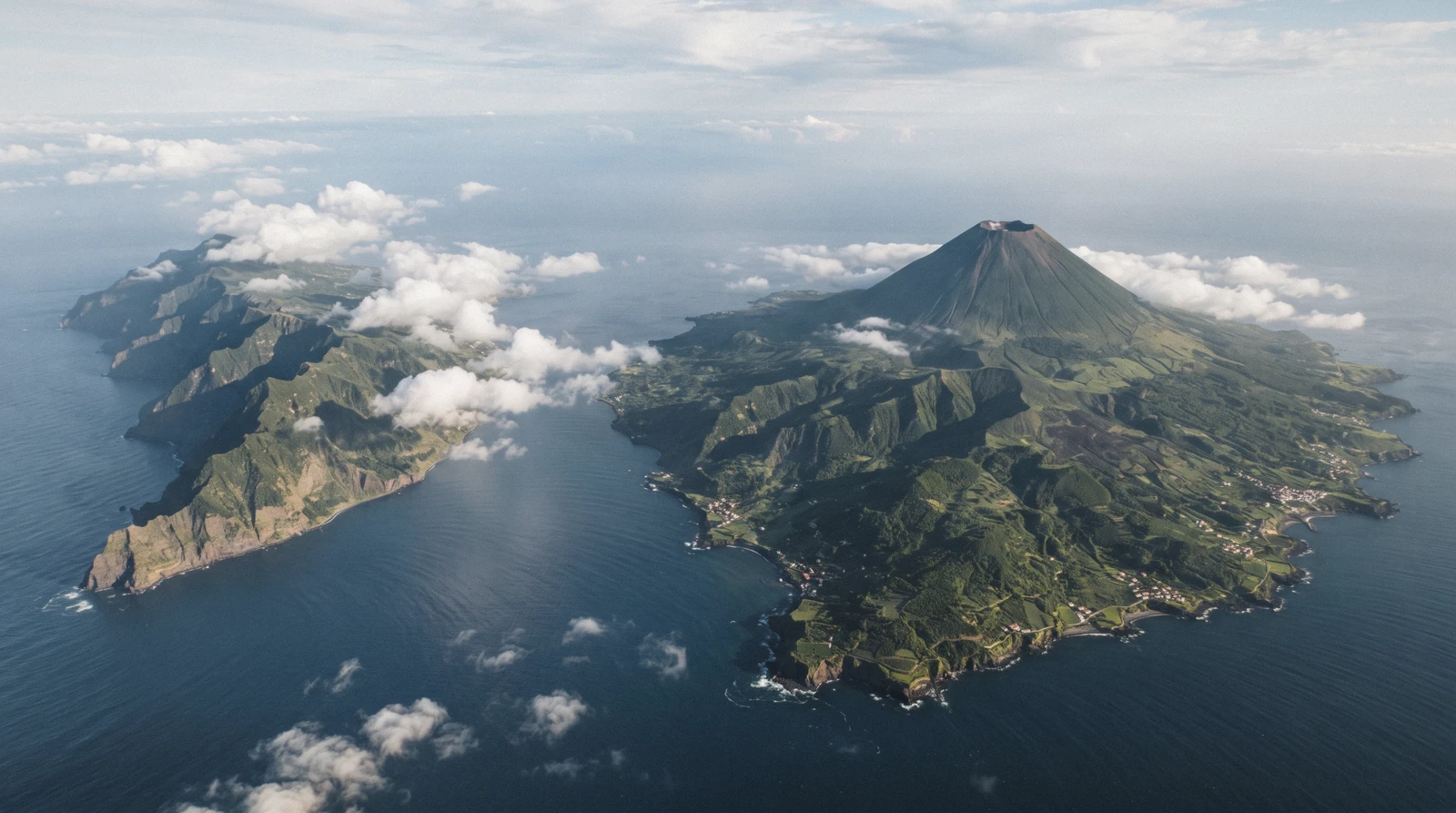 Volcanic craters and green ridges across the nine islands of the Azores seen from above