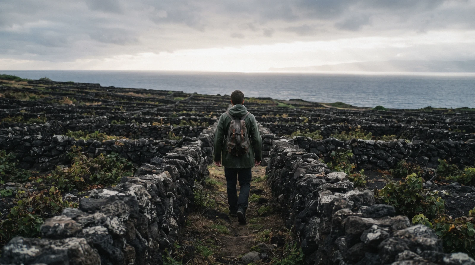 Basalt walled vineyards of the Pico island UNESCO landscape running down to the Atlantic