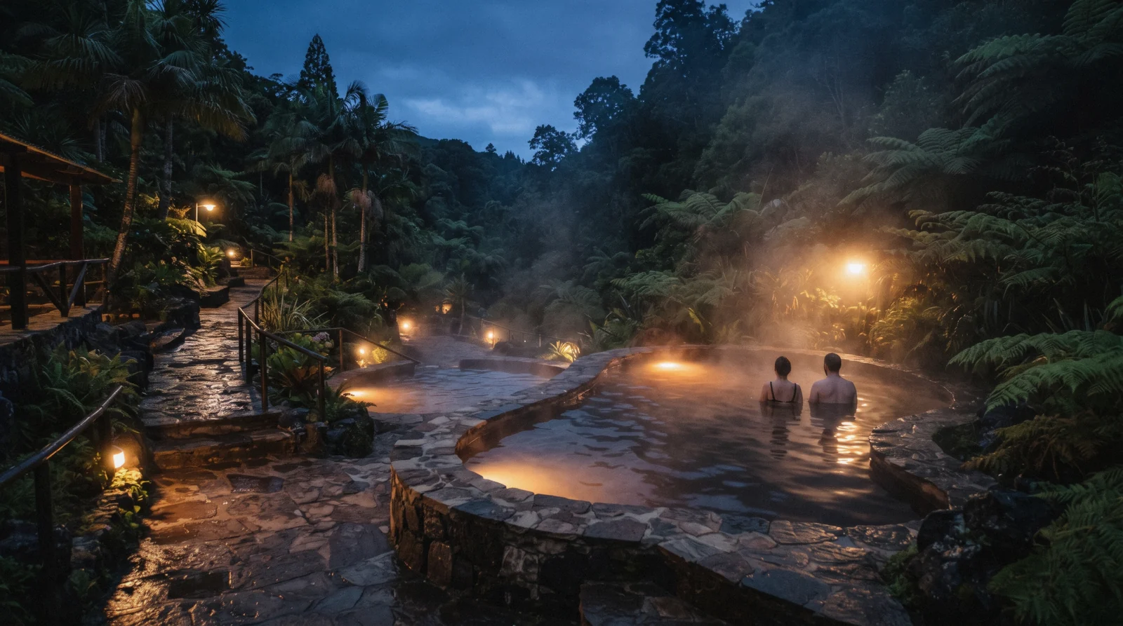 The steam-lit thermal pools of Poca da Dona Beija in Furnas at dusk