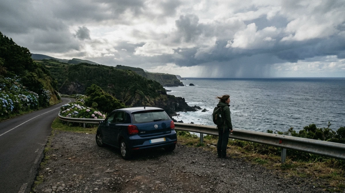 A road emptying toward the coast on São Miguel with a hire car pulled over at a viewpoint above the Atlantic