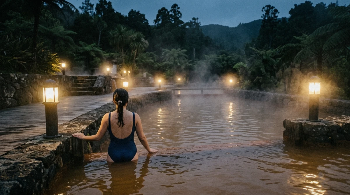 A bather seen from behind at the edge of an iron-rich orange thermal pool surrounded by trees in Furnas, São Miguel