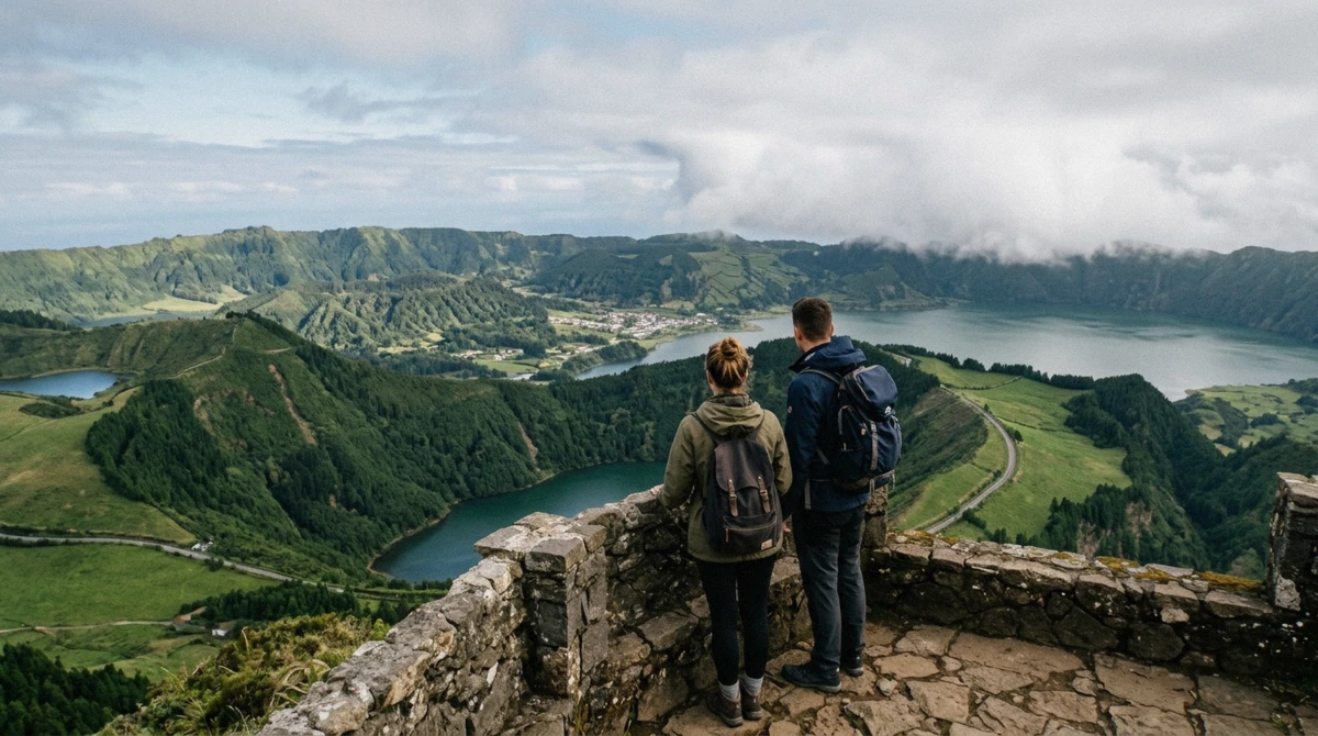 Two travellers seen from behind at a crater rim railing above the green and blue lakes of Sete Cidades on São Miguel