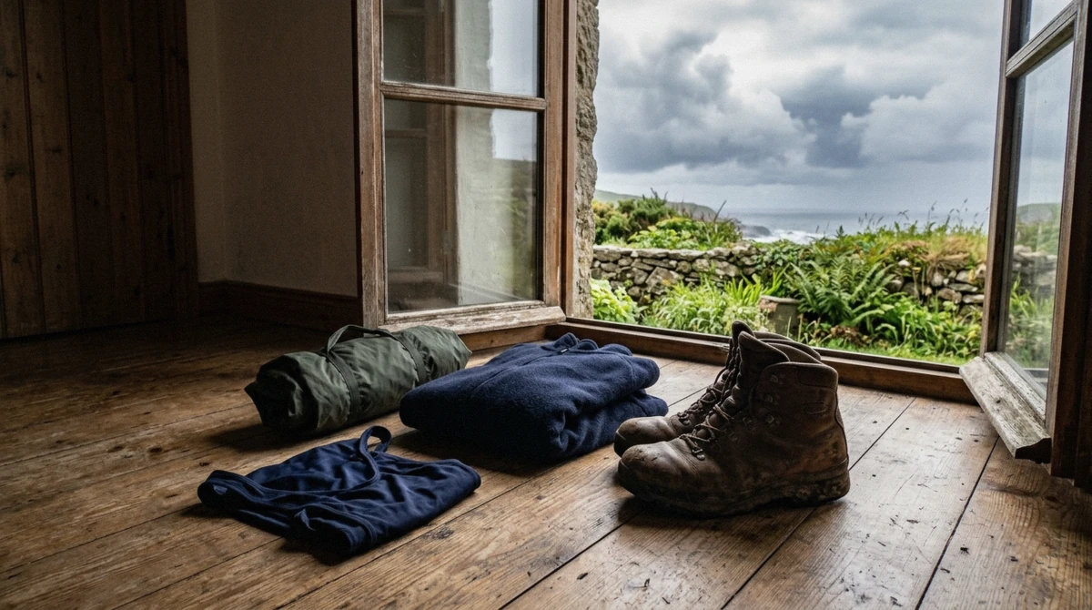 A rain shell, hiking boots and a folded dark swimsuit laid out on a wooden floor by a window with Atlantic light