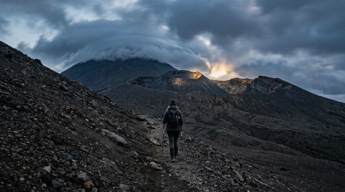 Two climbers seen from behind on a bare volcanic slope with the Pico mountain cone rising into cloud above