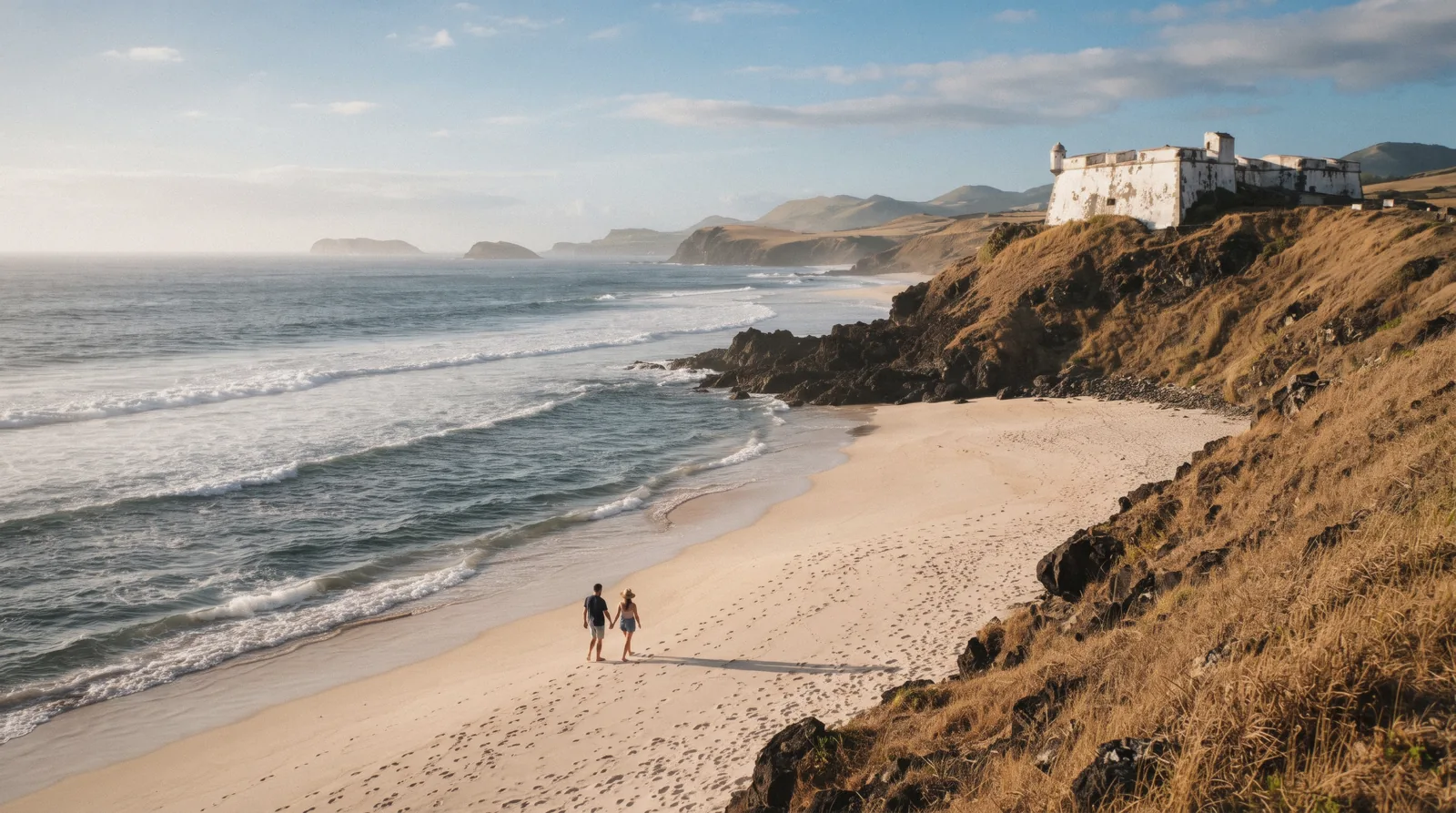 The white sand beach of Praia Formosa on Santa Maria island in the Azores, below the São João Baptista Fort