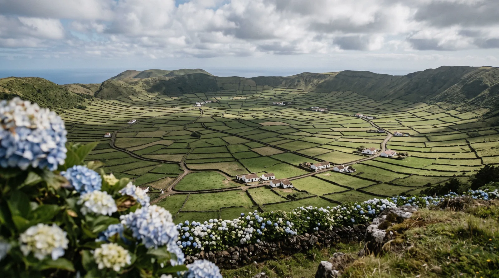 Stone wall fields and hydrangea fences seen from the Serra do Cume viewpoint on Terceira island in the Azores