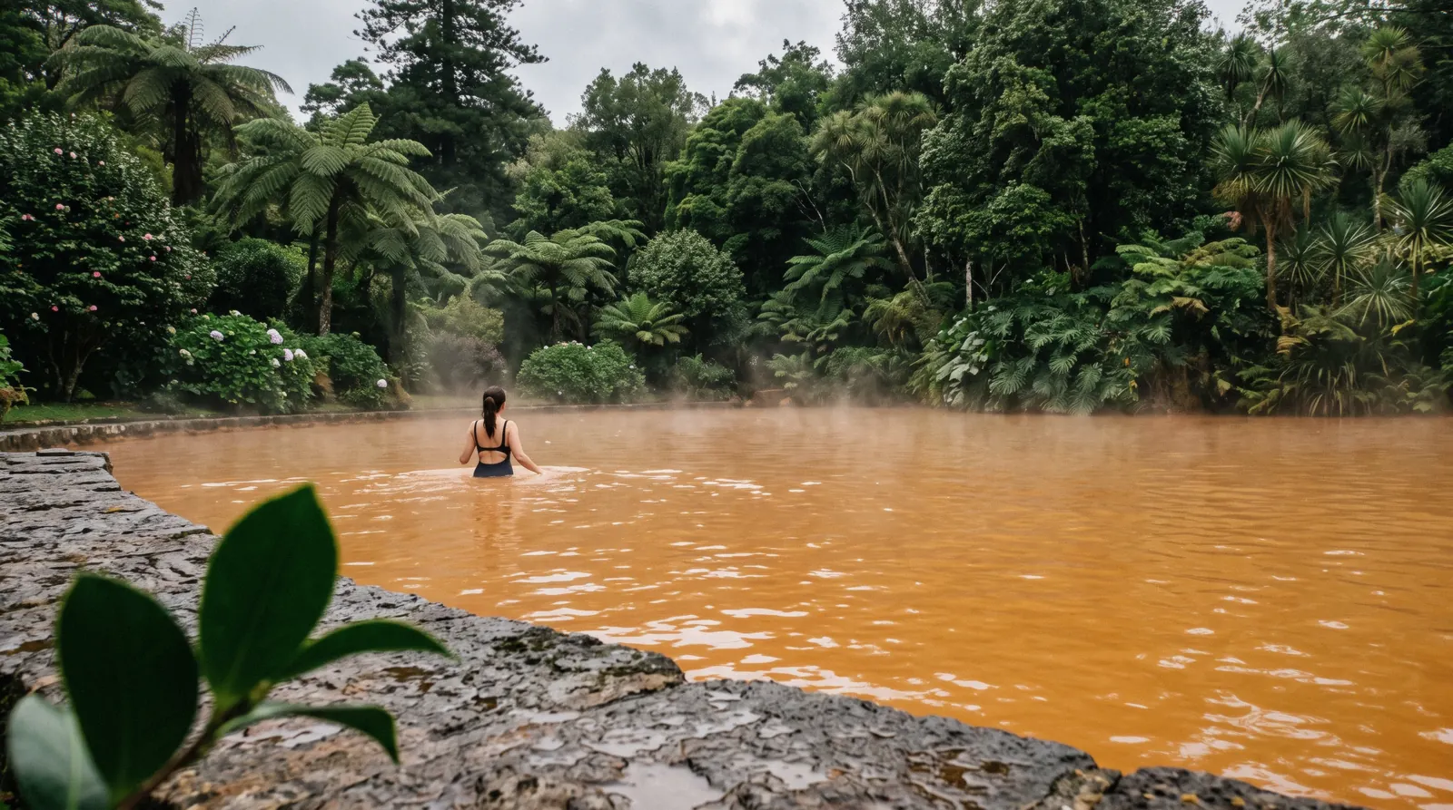 The iron-orange thermal pool of Parque Terra Nostra surrounded by trees in Furnas, São Miguel