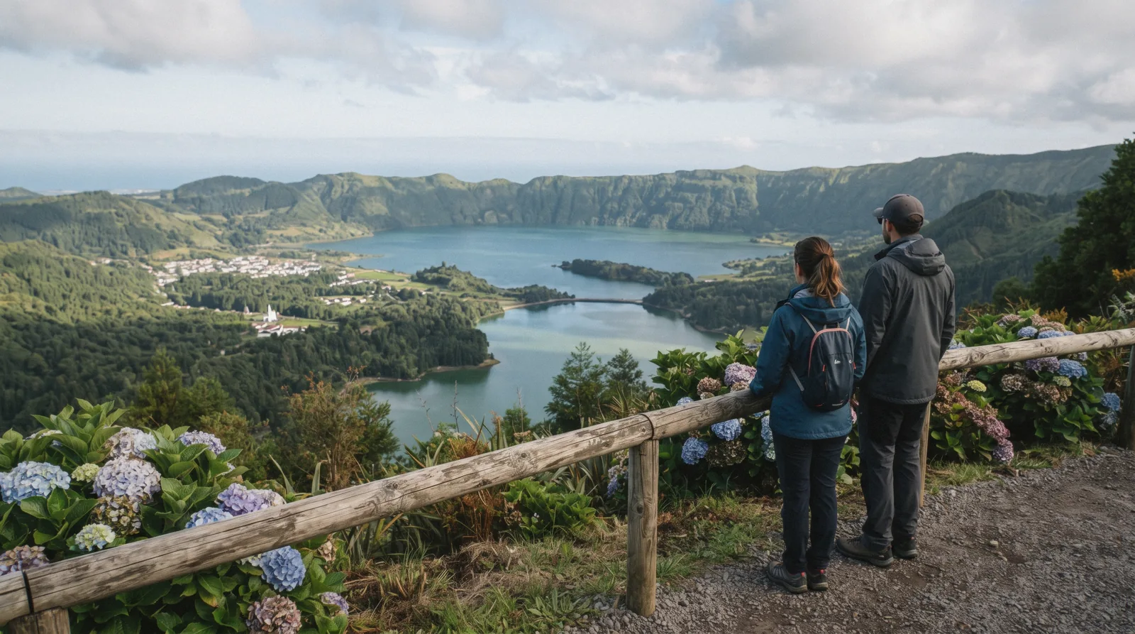 View over the twin crater lakes in the west of São Miguel with a walking trail along the crater rim