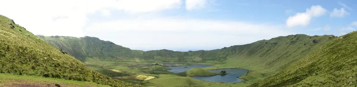 Panorama inside the Caldeirão crater on Corvo, the shallow lake and small cones below the green rim