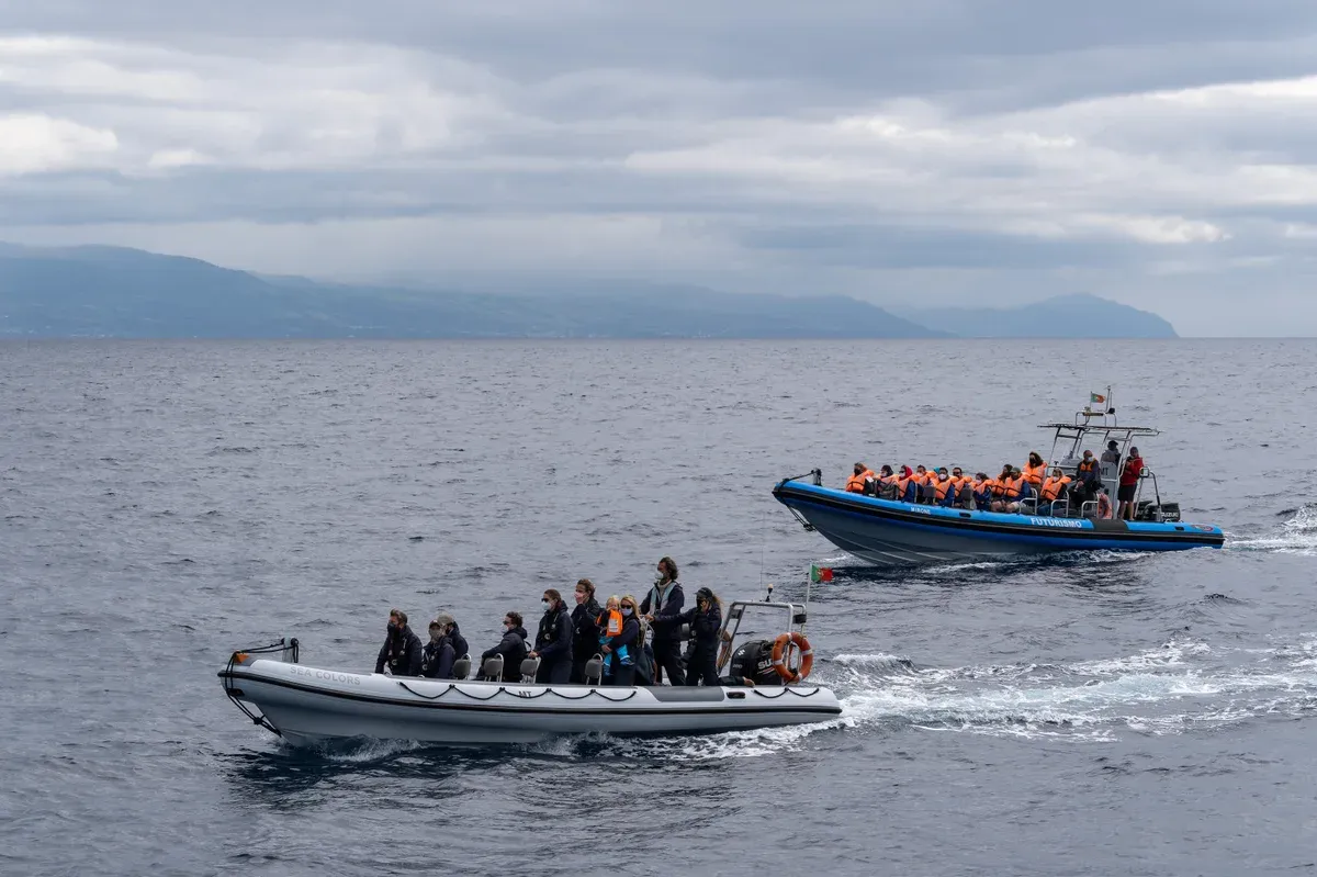 Two whale watching boats running offshore with passengers in red jackets